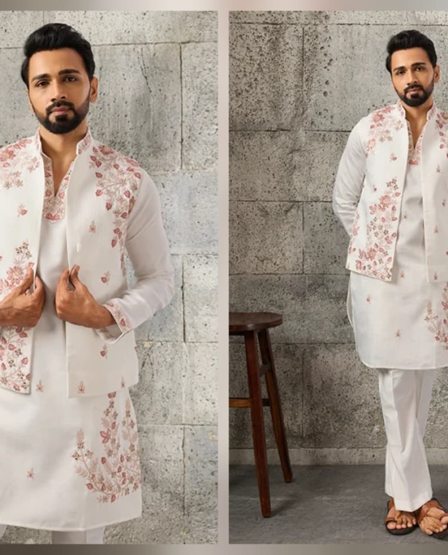 WHITE - Premium Designer White Mirror Work Koti Kurta Set for Men's Wear